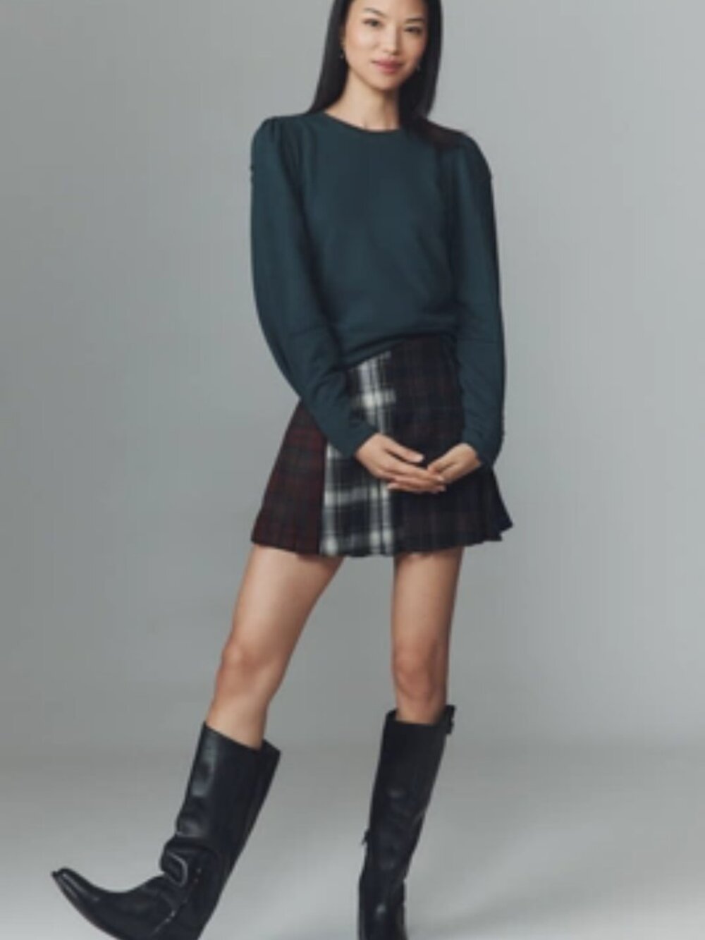 Petite By Anthropologie Dark Green Fastened Puff-Sleeve Pullover